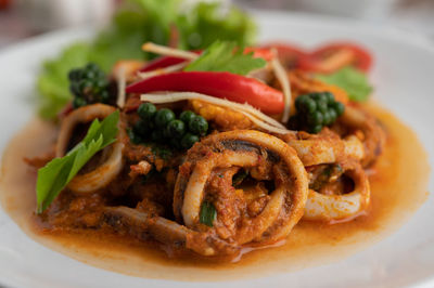 Close-up of noodles served in plate