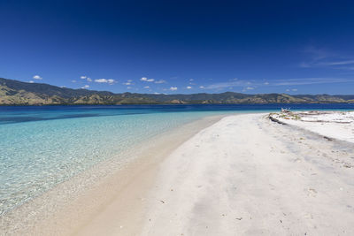 Scenic view of beach against blue sky