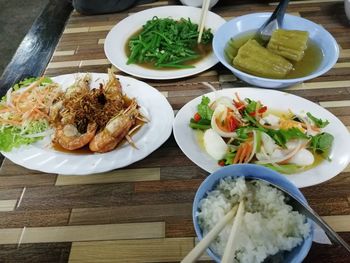 High angle view of meal served on table