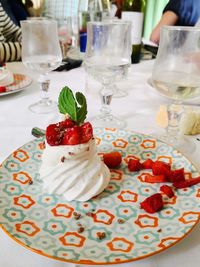 Close-up of cake served on table