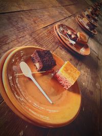 High angle view of cake in plate on table