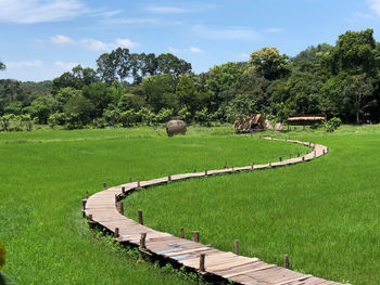 Scenic view of farm against sky