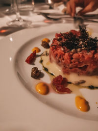 Close-up of dessert served on table