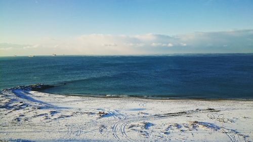 Scenic view of sea against blue sky