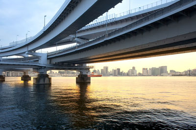 Bridge over river by buildings against sky