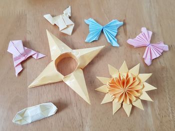 High angle view of paper flowers on table