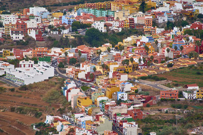 High angle view of houses in town