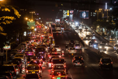 High angle view of traffic on city street at night