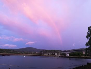 Scenic view of rainbow over river against sky
