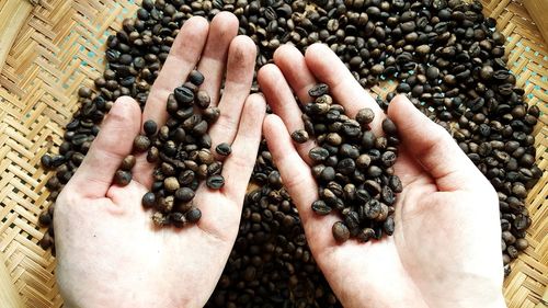 Cropped hands holding coffee beans