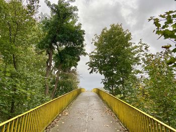 Footbridge amidst trees against sky