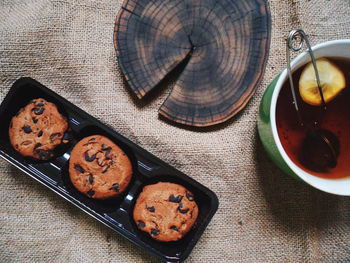 High angle view of cookies in plate on table