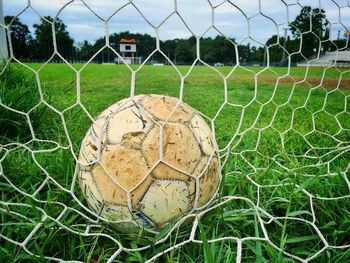 Close-up of soccer field against sky