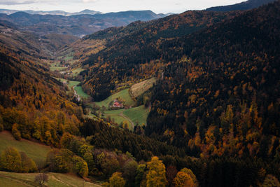 High angle view of trees and mountains during autumn