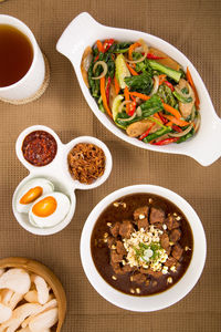 High angle view of soup served on table