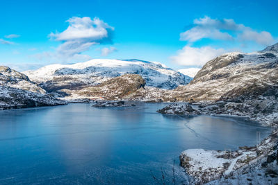 Scenic view of snowcapped mountains against blue sky