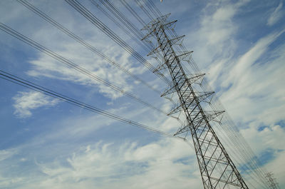 Low angle view of electricity pylon against sky