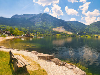 Scenic view of lake by mountains against sky