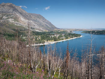 Scenic view of lake by mountains against sky