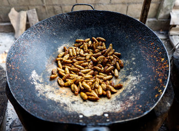 High angle view of meat in container