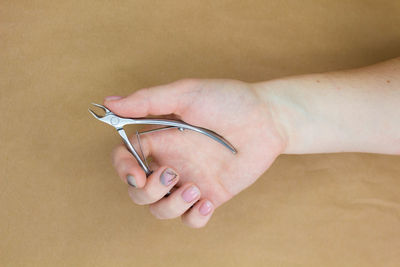 Close-up of hand holding hands over white background