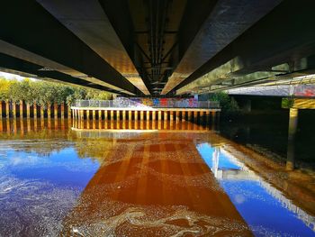 Illuminated bridge over river