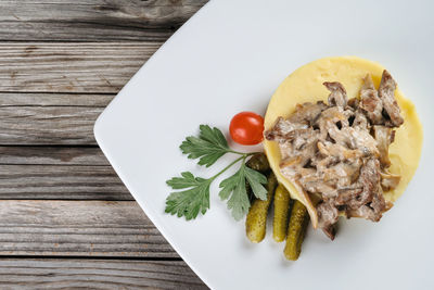 High angle view of food in plate on table