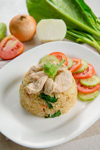 High angle view of food in plate on table