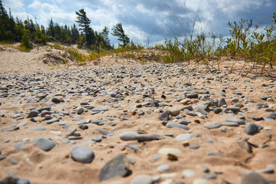 Surface level of stones on field against sky