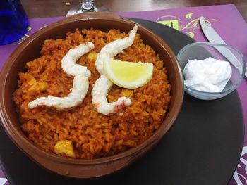 High angle view of breakfast served in plate