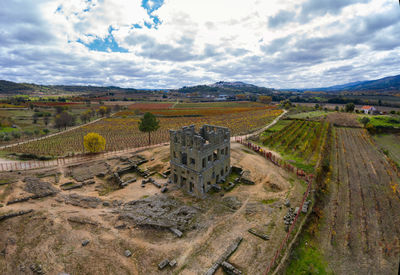 Centum cellas mysterious ancient tower drone aerial view in belmonte, portugal