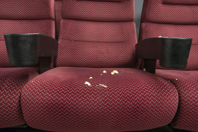 Close-up of dirty seat in theater