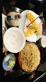 High angle view of food served on table