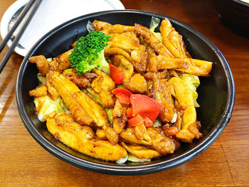 High angle view of food in plate on table