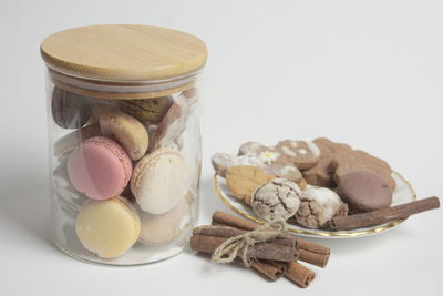 Close-up of food on table against white background