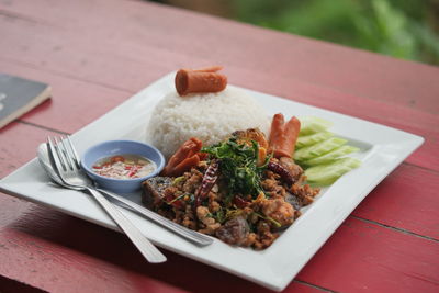 Close-up of food served on table