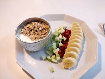 High angle view of breakfast served on table