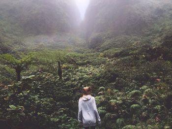 Rear view of woman standing on mountain in forest