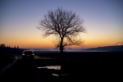 Silhouette bare tree by road against sky during sunset