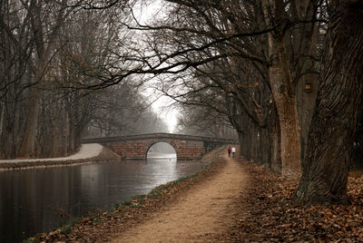 Bridge over river in forest during winter