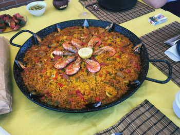 High angle view of food served on table