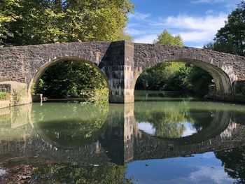 Arch bridge over lake against sky