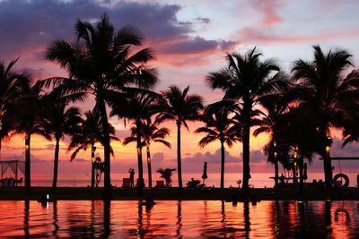 Silhouette palm trees by swimming pool against sky during sunset