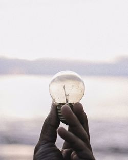 Cropped hand holding light bulb by lake