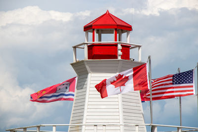 Canadian and american flags on a red and white lighthouse 