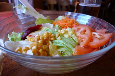 High angle view of salad in bowl on table