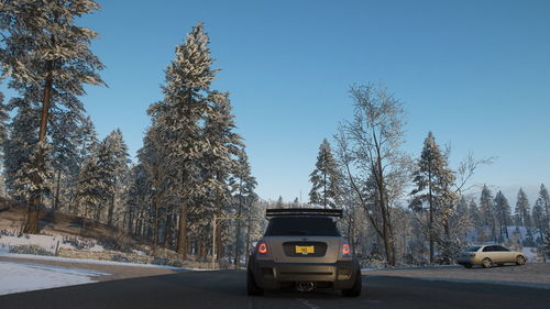 Cars on road by trees against clear blue sky