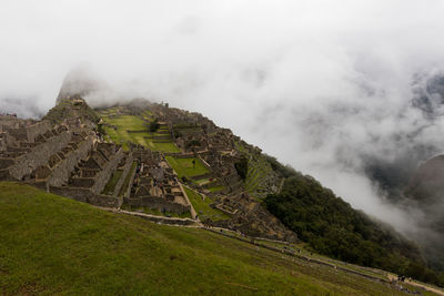 High angle view of old ruins against sky