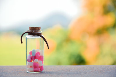 Close-up of capsules in bottle