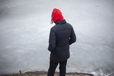 Rear view of person looking at frozen lake